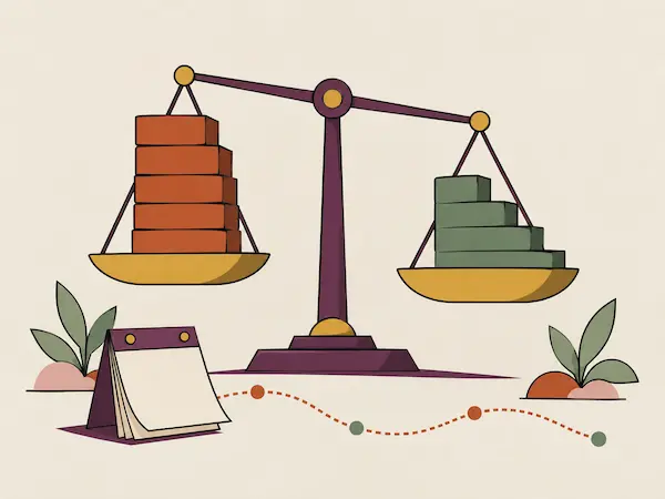 Illustration: Waage mit Rückzahlungsplan, Kalender und Blockstapeln, die schrittweise abgebaut werden