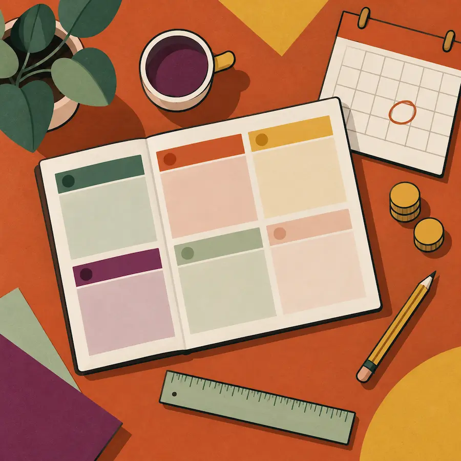 Illustration: Arbeitstisch mit Haushaltsplan, Sparziel-Kalender und geometrischen Formen