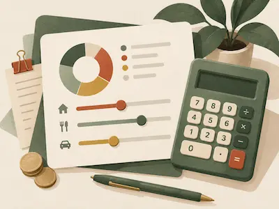 Illustration: Regler, Tortendiagramm und Rechner als Budgetwerkzeug